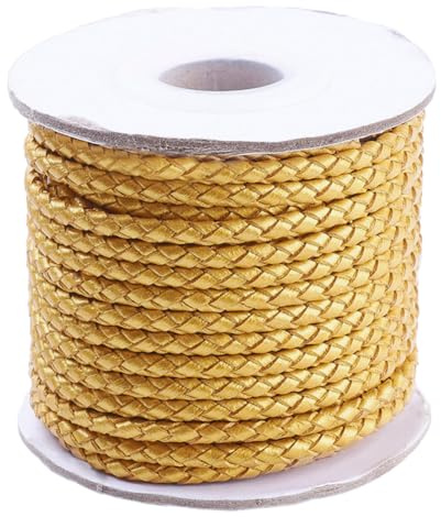 CABODYALS 10M 3mm Oro Rotondo Cordino di Cuoio Intrecciato Vera Pelle di Vacchetta Strisce di Cuoio Bolo Rotoli Alla Rinfusa con Bobina per Gioielli Creazione Artigianato Fasce per Capelli Lacci per S
