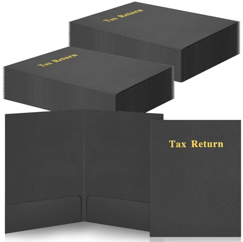 Harloon 40 Pcs Tax Return Folders 12 x 9 Inches 2 Pocket Folders Bulk Gold Foil Stamped Heavyweight Folder, Holds 8 x 11 Inches Letter Size Paper(Black,Cardboard)