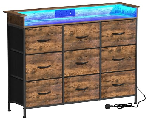 VEDECASA Chest of Drawers for Bedroom with LED Light 9 Drawer Clothes Dresser with Charging Station for Living Room Entryway Closet Sturdy Steel Frame Wooden Top Easy Pull Handle, Brown
