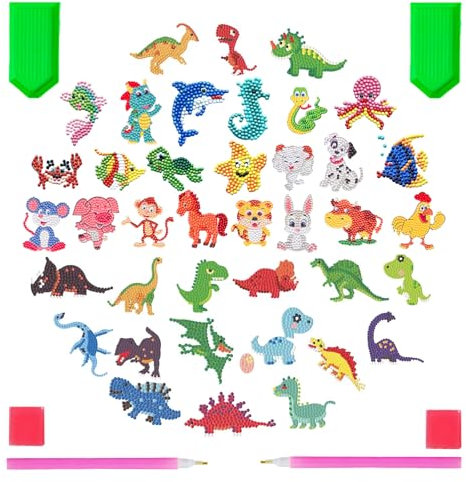 HEOUCH 39 Stück Diamond Painting Kinder, DIY Diamant Painting Bilder, Tiere Diamant Aufkleber Kit, Cartoon Diamantmalerei, Als Weihnachtsgeschenke, Geburtstagsgeschenke für Kinder (A)