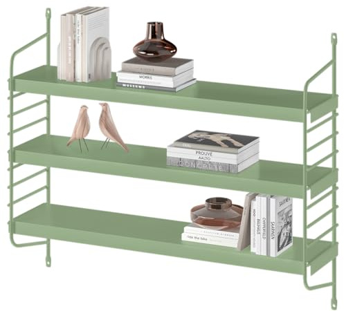 skølm Mimir Wandregal Metall, Grün, 3 verstellbare Regalböden, schmal | Schweberegal, Hängeregal, modulares String Regal, Metallregal, modernes Küchenregal für Wohnzimmer, Küche & Bad, Badregal