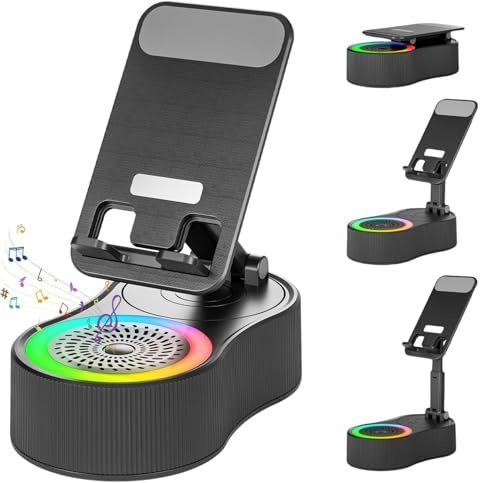 Luonaa Cell Phone Stand with Bluetooth Speaker - Multifunctional Adjustable Stand with Charging,Wireless Bluetooth Speaker with 360° Rotatable Phone Holder Compatible with Tablet for Home Desk (Black)