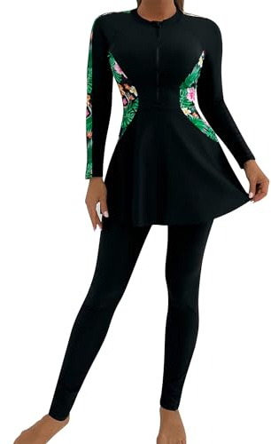 AGYMNX Muslim Swimwear for Women Modest Swimsuit Long Sleeve Floral Print Muslim Swimming Costume 2 Piece Burkini Swimming Tops + Swimming Pants Beachwear