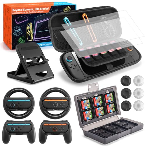 JoyHood 15 in 1 Kit di Accessori compatibili con Switch2, Pacchetto di Accessori per la Famiglia per Switch2 con Borsa, Volante, Impugnature per Controller, Protezione dello Schermo, Custodia per Sche