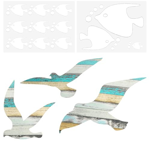 APOMOONS 3 Stück Holz Möwe Deko mit Fisch Spiegel Aufkleber, Holzdeko Wand, Strand Deko Möwe, Maritime Wanddeko für Wohnzimmer, Badezimmer, Flur, Ferienhaus