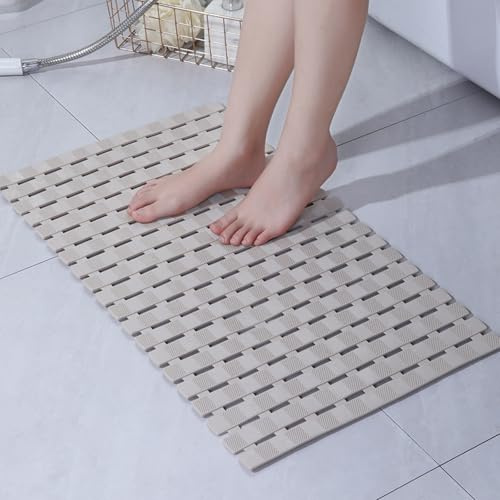 Large Non Slip Bath Mat for Tub, 70x40cm Extra Long Shower Mat Anti Mould Suction Cups and Drain Holes for Bathtub, the Shower Cubicle PVC Bath Mat, Striped Design Cut to Size, Khaki Striped
