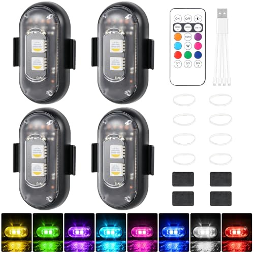 FENYW 6 st trådlösa LED-stroboskoplampor med fjärrkontroll, 8 färger USB-laddning vattentätt LED-ljus, anti-kollisionsblixt, led-stroboskopisk lampa för motorcykel, drönare