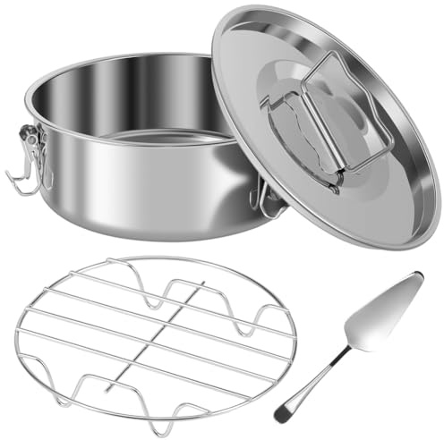 Tolaily - Molde de acero inoxidable para hornear 1,5 QT con tapa de molde redondo portátil con rejilla de vapor