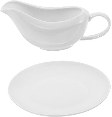 Mikikit Salsiera in Porcellana Bianca Manico Ergonomico e Vassoio, Per Salse Calde e Fredde, Condimenti e Brodo a Tavola