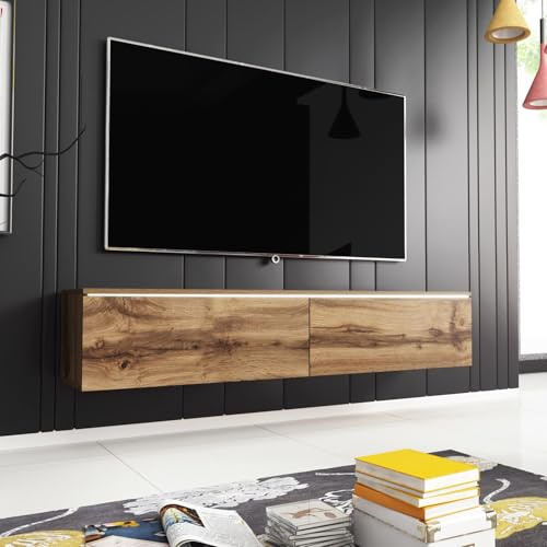 FWStyle Modern Lowboard TV Media Storage Unit with LED Lighting – Wotan Oak – Wall Mounted or Floor Standing TV Cabinet with 2 Drop Down Doors