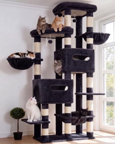 Heybly Arbre à Chat 190cm avec Base Élargie et Ultra-Stable, Tour à Chat XXL pour Grand Chat, Meuble Chat avec 2 Nids, Perchoir, Hamac, Poteaux à Gratter en Sisal, Gris Fumé HCT062G