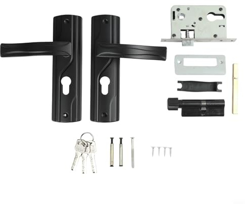 Deskbloom Manganese Steel Door Handle Lock Set with Silent Bearing Mechanism and Black Finish for Bedroom or Interior Doors, with Keys and Large Knob