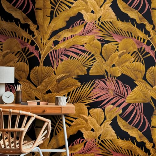 Profhome Jungle Wallpaper 391853-GU Photo Wallpaper wall Mural Black Pink Golden Yellow Pastel Violet 0.53 m x 8.80 m / 4.45 sqm