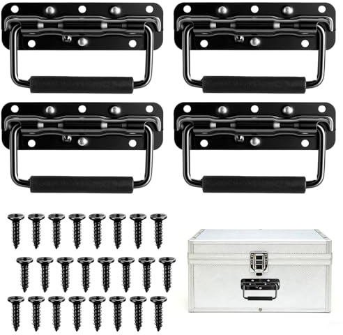 Indrnif Lot de 4 poignées pliantes à ressort, poignée de caisse en fer chromé, poignée de valise avec vis, poignée de transport noire pour porte de boîte à outils (140 mm)