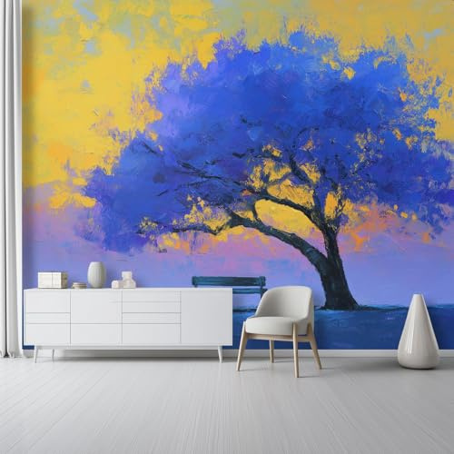 Fototapete 400 x 280 cm 3D Vliestapete Wandbild, Abstraktes Ölgemälde Blauer Baum Mustertapete Wandtapete, Wohnzimmer Schlafzimmer Tapete Mädchenzimmer Kindertapete Wanddeko, Gelber Hintergrund