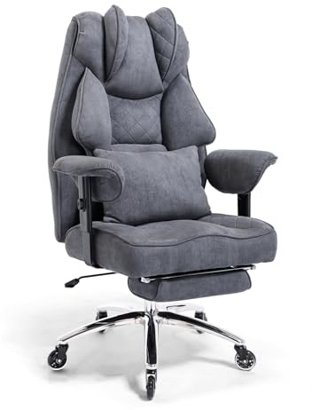 Asukale Plus Ergonomischer Chefsessel Bürostuhl 200kg, Hohe Rückenlehne | Schreibtischstuhl Ergonomisch, 90–135° Rückenlehne, Fußstütze, 4-Schicht Polsterung, Lendenkissen, Wildlederimitat Grau