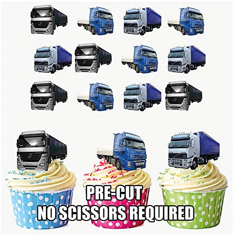 AK Giftshop Fun HGV Lorry Mix Cake Decorations - 12 Edible Wafer Cup Cake Toppers