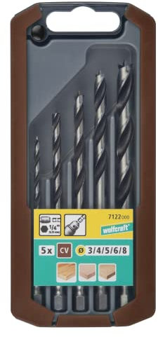 wolfcraft Set di punte elicoidali per legno, codolo esagonale, Ø 3-8 mm, da 5 pz. I 7122000 I Per forare il legno dolce