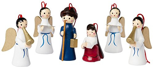 BRUBAKER 6-Piece Set Christmas Tree Pendants Mary and Joseph with Angels - Natural Wooden Tree Ornaments Hand Painted for the Christmas Tree - Traditional Pendants Made in Germany