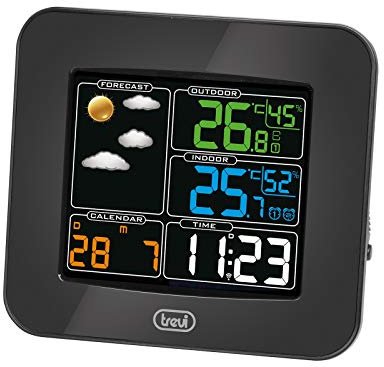 Trevi ME 3165 RC Stazione Meteo con Display a Colori Radiocontrollato e Sensore Esterno Senza Fili, Termometro, Umidità, Due Sveglie, Funzione Snooze