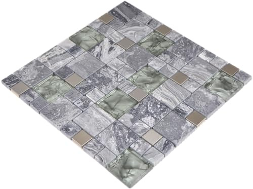 Mosaik Fliese Transluzent Edelstahl grau Kombination Glasmosaik Crystal Stein Stahl grau für WAND BAD WC, Mattengröße: 300x300 = 0,09 qm, Steingröße: 23x23/48x48x8 mm - 1 Matte
