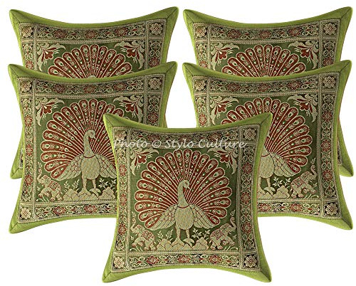 Stylo Culture Ethnicas Funda Almohadon Decorativos 30x30 cm Brocado De Seda Pavo Real Fundas para Almohadones Sofa Verde Oliva Jacquard Cuadrado Cremallera Fundas De Almohadones para Cama - 5 Pcs