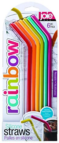 Joie Reusable Silicone Straws, Set of 6 with Cleaning Brush, Rainbow, 6 count