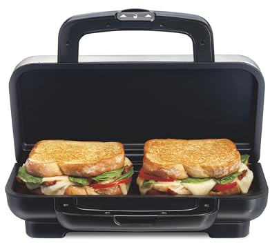 Proctor Silex Deluxe Hot Sandwich Maker With Easy-Clean Durable PFAS-Free Nonstick Ceramic Plates, Fits up to 2 Grilled Cheese, Ruebens, Tortas or Subs, Stainless Steel (25415MN)