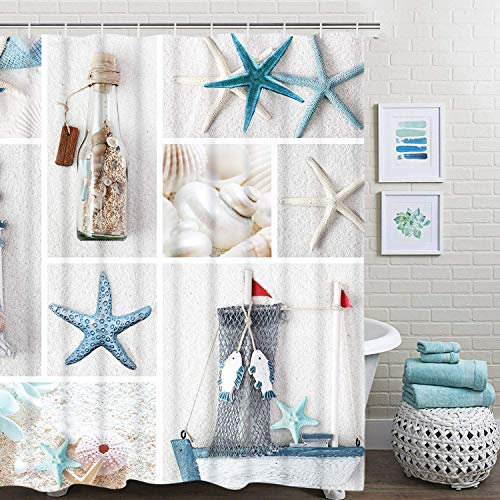 Alishomtll Strand Duschvorhang Textil Duschvorhang Stoff mit Ringen 175x178cm, Seestern Badevorhang Badewanne Digitaldruck Polyester Anti Schimmel