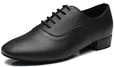 HROYL Men's Standard Latin/Jazz Dance Shoes Leather lace-up Ballroom W-707B-Black,US 5