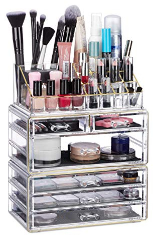Relaxdays 1 x Kosmetikorganizer mit 6 Schubladen, 22 Fächer Make Up Organizer, Schmink-Aufbewahrung Acryl, transparent/gold
