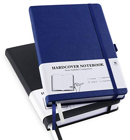 Agoer Libreta A5 Punteado, 2 Unidades Cuaderno de Notas 384 Páginas, Bullet Journal Dot, Tapa Dura con Papel Grueso Premium de 120 g/m², 14 x 21cm Notebook Para Diario, Estudio(negro + azul