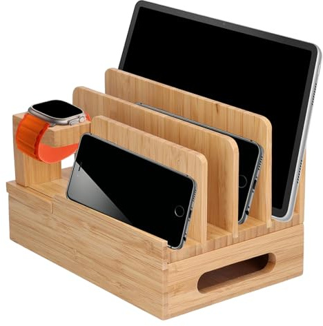 Yuecoom Estación de Carga de bambú para Organizador de múltiples Dispositivos con Cargador USB Puertos para teléfonos celulares tabletas,Soporte de Organizador de Cables