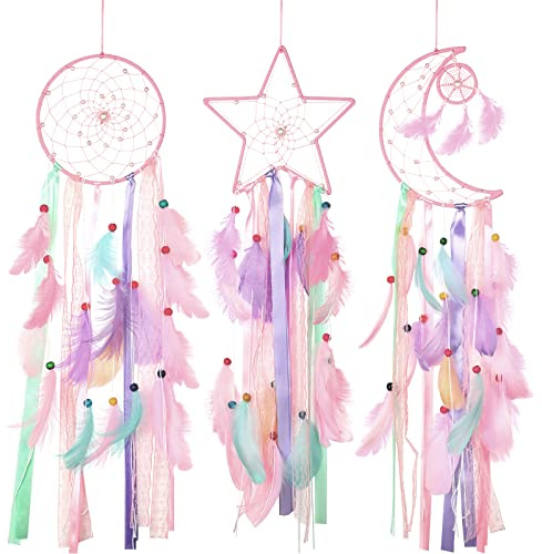Jetec 3 Pcs Dream Catcher Moon Sun Star Design Handmade Traditional Design Craft Ornament Wall Art Hanging Home Decoration Bedroom Wedding(Pastel Color)