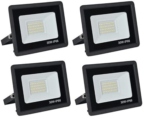 treoir LED Floodlight Security Light，30W Outdoor Spotlight 3000LM Outdoor Flood Lights，IP66 Waterproof 3500k LED Spotlight for Garden,Garage,Square,Car Park,Construction Site ect(Warm white-4pcs,30W)