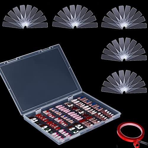 RUNRAYAY Nail Art Display Ständer Halter-Set, 1 große durchsichtige Aufbewahrungsbox für Nägel zum Aufdrücken & 50 Acryl-Nagel-Display-Sticks & 10 m doppelseitiges Klebeband für Acrylnägel-Übungssalon