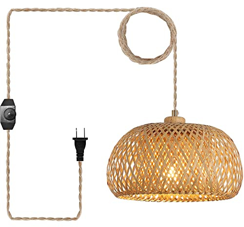 Hchunqjor Bamboo Plug in Pendant Light with 14ft Handmade Woven Light Cord, Dimmable Switch, Boho Basket Hanging Lamp for Bedroom Kitchen Island Decor Farmhouse Living Room