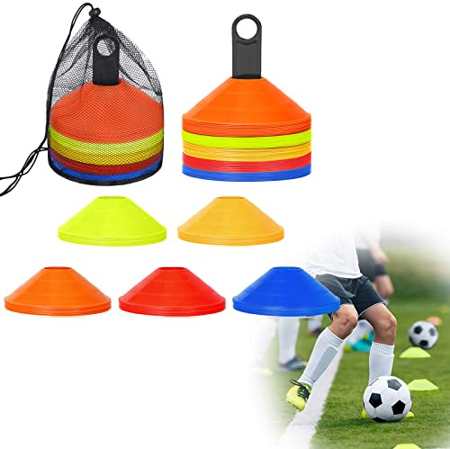 JOIEYOU 50 PCS Markierungshütchen Set, Fussball Hütchen Trainingszubehör MarkierungskegelGeeignet Set für Fußball Training Markierungskegel (5 Farben)