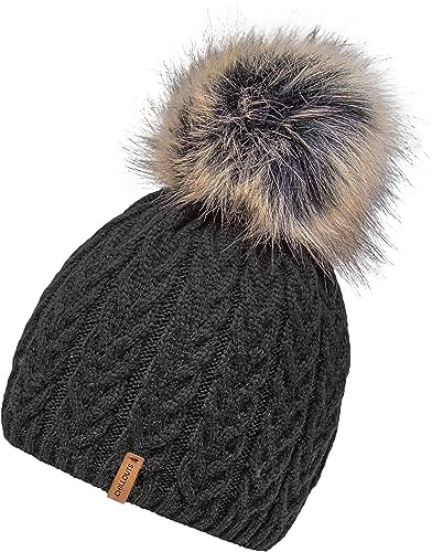 CHILLOUTS Bommelmütze mit Fleecefutter - Wintermütze mit abnehmbaren Kunstfellbommel schwarz Tabea