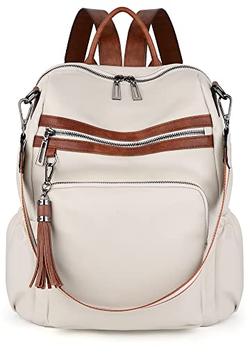 UTO Damen Rucksack Vegane Leder Mode Multifunktionsrucksack mit Quaste Lässige Schultertaschen mehres Kompartiment Große Kapazität Reißverschluss Umhängetasche Für Mädchen Reise Universität Weiß-Braun
