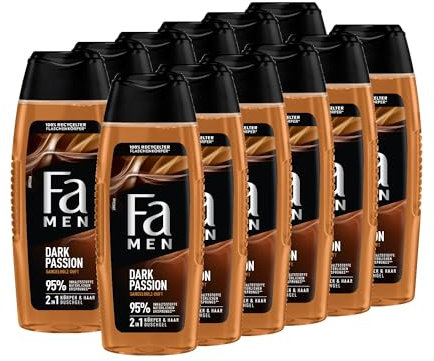 FA Gel doccia da uomo Dark Passion (12 x 250 ml), 2 in 1 per corpo e capelli, con il profumo maschile di sandalo seducente e spezie orientali, formula delicata e vegana