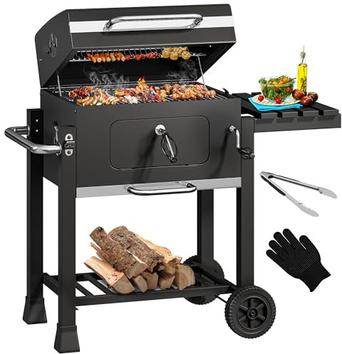 YITAHOME XL Holzkohlegrill BBQ Smoker Grillwagen mit Deluxe Emaille-Kohlenstoffpfanne & Thermometer, Standgrill für Party, Camping, Garten, inkl. Küchenzange und Handschuh