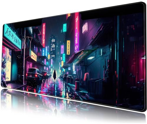 Cyberpunk Desk Mat Purple City Streets Desk Pad Japanese Tokyo Large Gaming Mouse Pad XL Cool Anime Mousepad Extended Keyboard Mat Laptop Desktop Mouse Mat 31.5''X11.8'' Deskmat