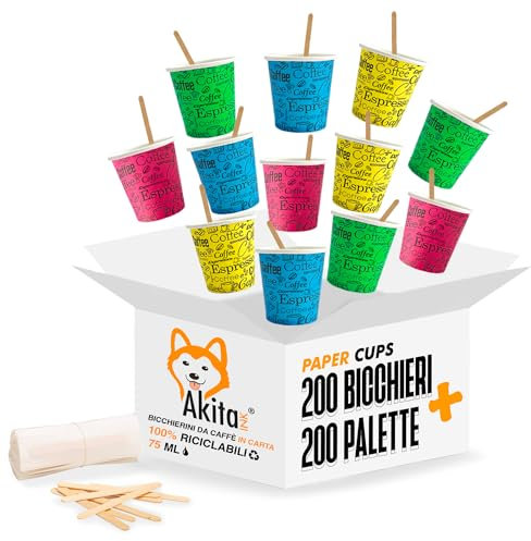 AKITAInk - Kit Completo 200 Bicchierini da Caffè Espresso Carta da 75 ml + 200 Palette Monouso Ecologiche Biodegradabili - Sostenibilità in Ogni Sorso