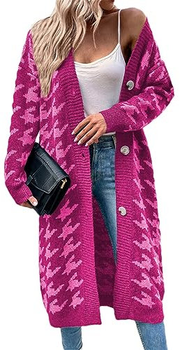 Suéter de moda para mujer, abrigo largo, cárdigan de punto, ropa de invierno, suéteres gruesos para mujer, fucsia, M