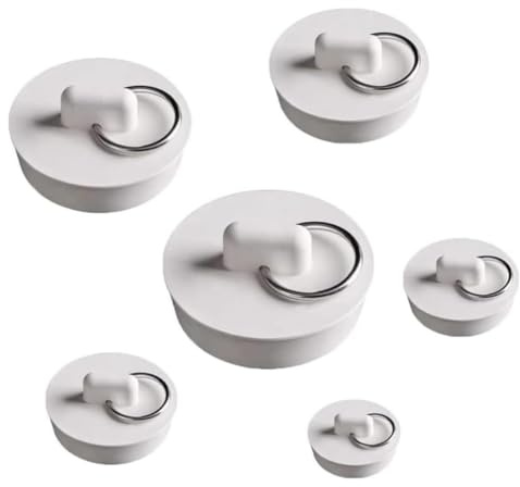 KOMUNJ 6 stycken gummitvättställ, vita proppar för diskho med hängande ring, 6 storlekar, badkarsproppar, tvättställsproppar, badkar, gummipluggar