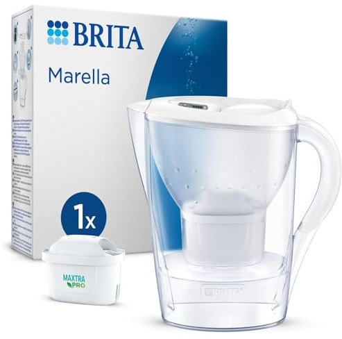 Caraffa Filtrante Marella per acqua, Bianco (2.4l) - incl. 1 Filtro MAXTRA PRO per la riduzione di cloro, calcare e impurità + 3 Filtri MAXTRA PRO per Caraffa Filtrante per acqua