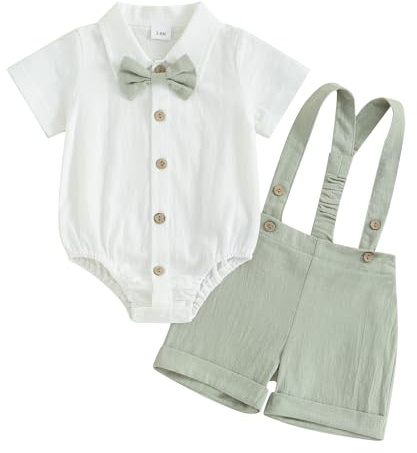 HodJIU - Conjunto de disfraz para bebé, niña, camisa, mameluco con pajarita y pantalones cortos, con tirantes para boda, ropa de verano infantil, 2 unidades, verde, 12-18 Meses