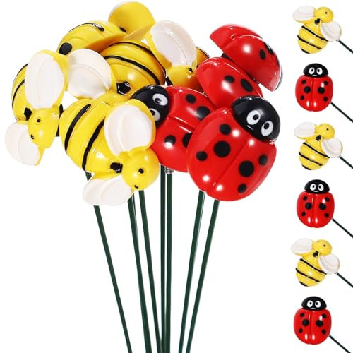 INOOMP 20pcs Garden Stake Ornaments Bee Ladybug Decorative Garden Sticks Planter Pots Yard Art Bee and Ladybug Garden Stake Ornaments