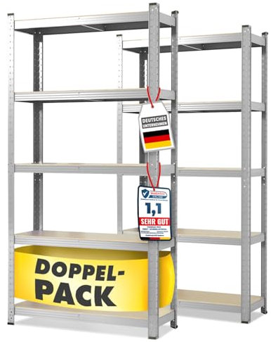 Floordirekt Schwerlastregal, 2er Set, verzinkt 150 x 75 x 30 cm Steckregal, Kellerregal, Lagerregal, Werkstattregal, Werkbank - 5 verstellbare Böden (Lakota)